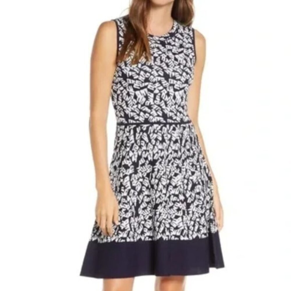 Eliza J Navy & White Print Sleeveless Knit Fit & Flare Sweater Dress New XL